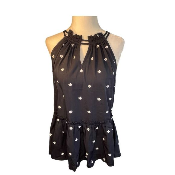 Loft Embroidered Floral Print Halter Top Navy Blue White Off The Shoulder Peplum - Picture 3 of 9